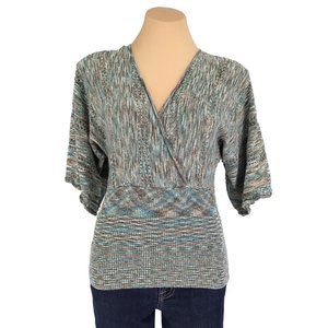 Emma James Knit Top Size Medium Kimono Sleeve Surplice Brown Blue